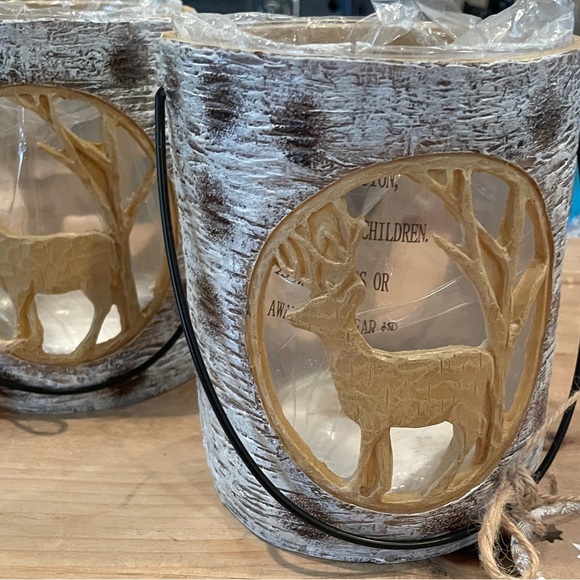 NWT Set of 2 Etched Reindeer Lanterns Farmhouse Rustic Cabincore Holiday - Picture 3 of 7